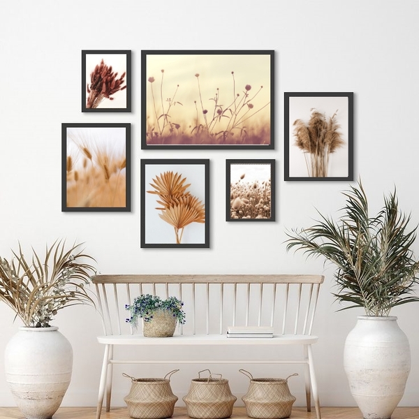 Kit Composição 6 Quadros Neutros Folhas Secas Paisagens Moldu