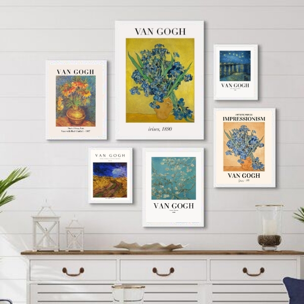 Kit Composição 6 Quadros Obras De Van Gogh - Com Vidro Moldur