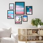 Kit Composição 6 Quadros Praia Azul E Rosa Moldura:madeira Br