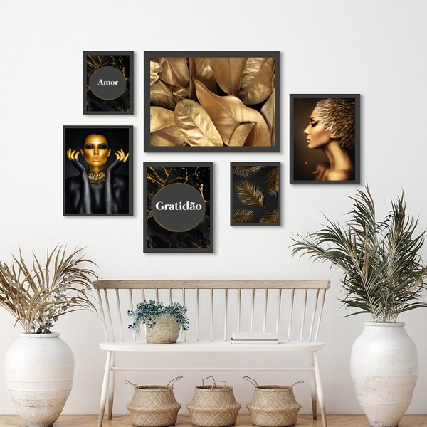Kit Composição 6 Quadros Pretos Com Dourados Mármore - Com Vi