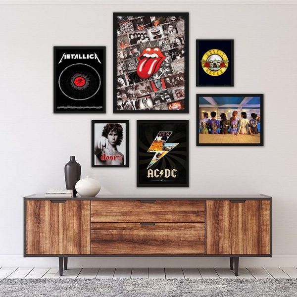 Kit Composição 6 Quadros Rock Bandas - Com Vidro Moldura:made