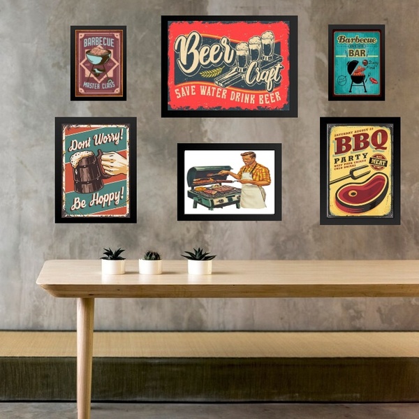 Kit Composição 6 Quadros Vintage Churrasco E Cerveja Moldura