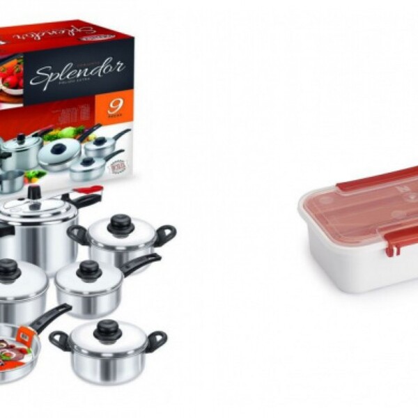 Kit Conjunto 9 Panelas + Pote Plástico Para Marmita 780ml