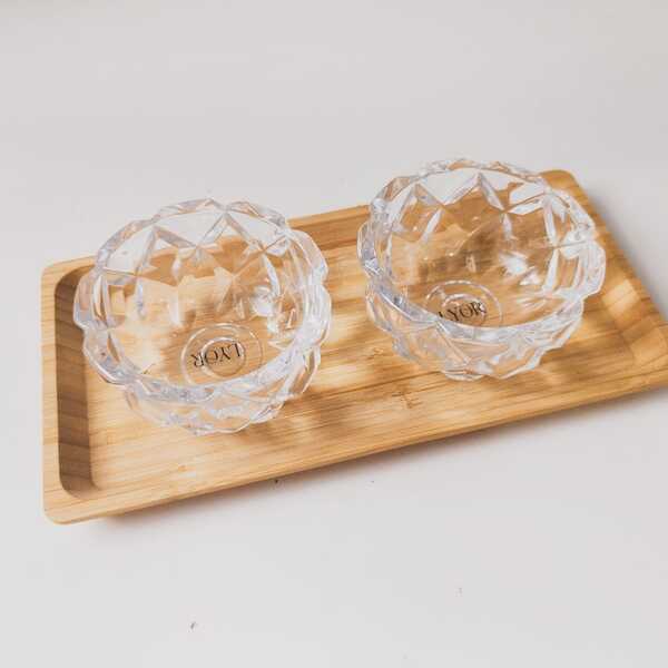 Kit Conjunto Bandeja Bambu Com Bowl Tigela De Cristal De Chum