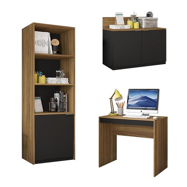 Kit Conjunto Escritório Armário Alto Baixo Mesa Recta Marrom