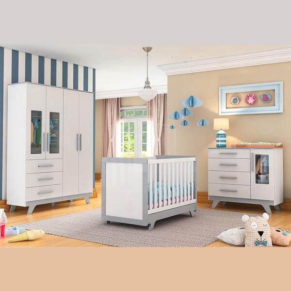 Kit Conjunto Quarto Bebê Berço Guarda Roupa 4 Portas Cômoda 3