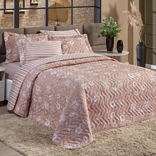 Kit Coordenado Cobre Leito Colcha Scarllet Queen Dupla Face +