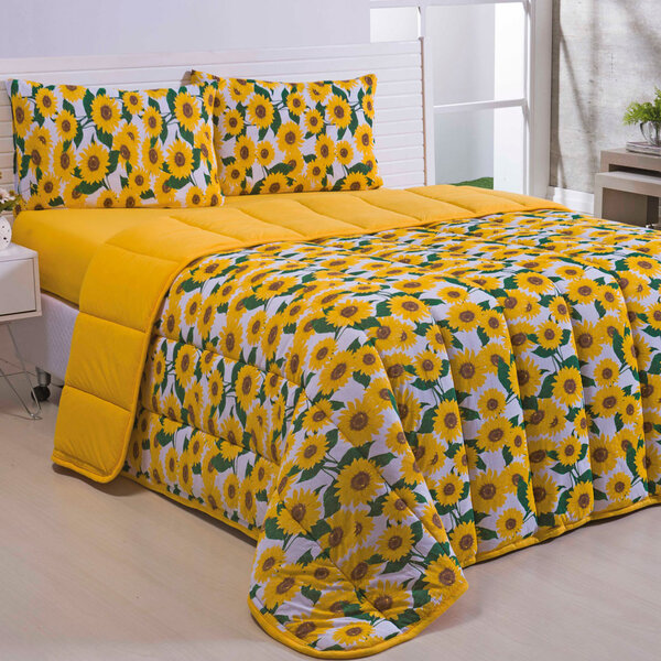 Qual o melhor edredom: cama com Kit Edredom Girassol Amarelo 3 Peças