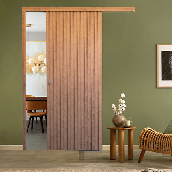 Kit Correr com Folha de Porta Ripada Carvalho York 2,10x0,82m e Fechadura Completa Moldurama