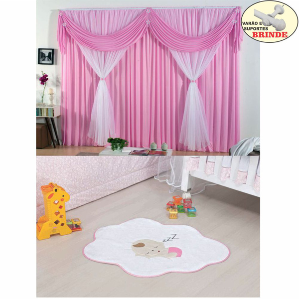 Kit Cortina Jessica + Tapete Bebe Nuvem - Rosa - Varão Brinde