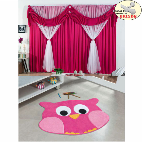 Kit Cortina Jessica + Tapete Coruja - Pink - Varão Brinde