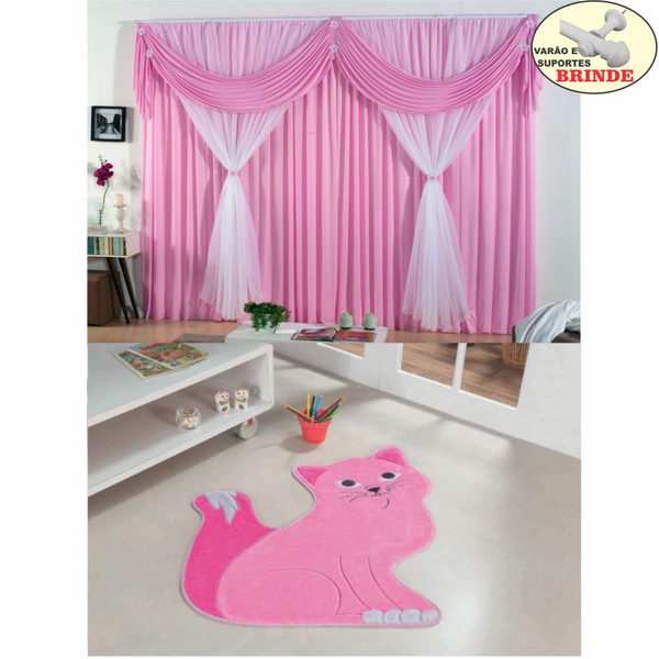 Kit Cortina Jessica + Tapete Gata Manhoza - Rosa - Varão Brin