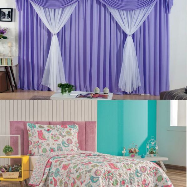 Kit Cortina Jessica Quarto Menina + Colcha Matelada + Tapete