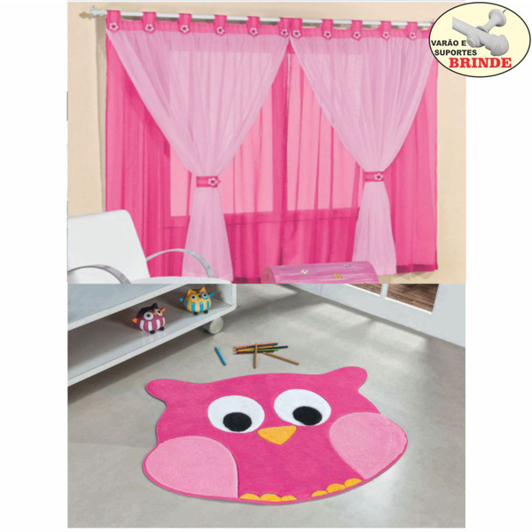Kit Cortina Juvenil + Tapete Caruja - Pink - Varão Brinde