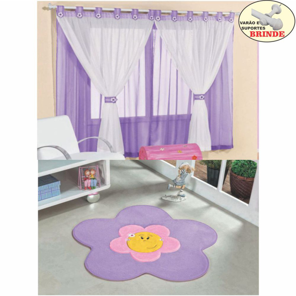 Kit Cortina Juvenil + Tapete Menina Flor - Lilás - Varão Brin