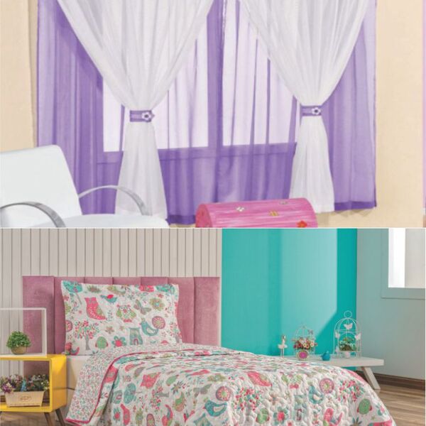 Kit Cortina Juvenil Quarto Menina + Colcha Matelada + Tapete