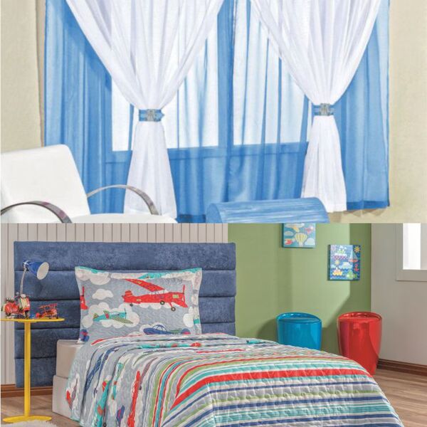 Kit Cortina Juvenil Quarto Menino + Colcha Matelada + Tapete