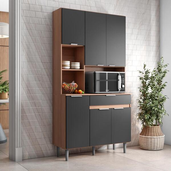 Kit Cozinha 6 Portas 1 Gaveta Kempsey Carvalho Grafite