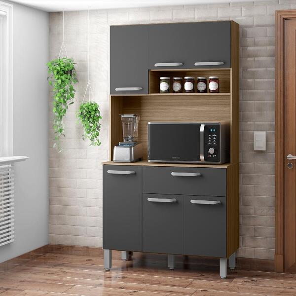 Kit Cozinha 6 Portas 1 Gaveta Niterói Carvalho Grafite