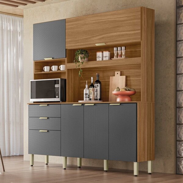Kit Cozinha 6 Portas E 2 Gavetas Suprema Yescasa Amêndola/gra