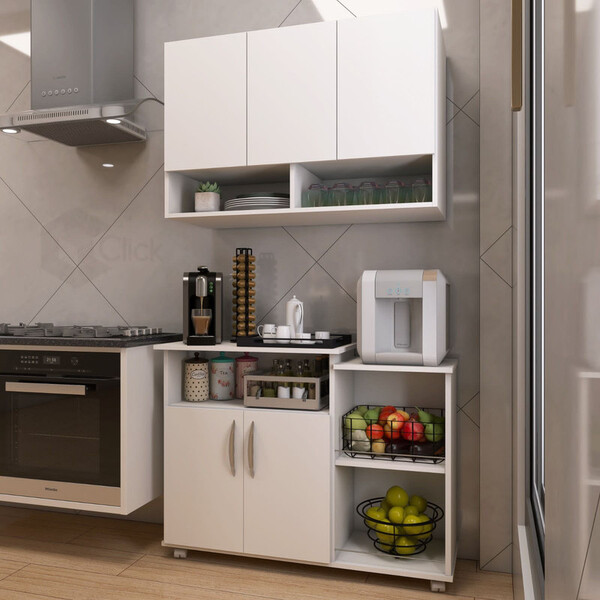 Kit Cozinha Balcão 2 Portas E Armário Aéreo 3 Portas Branco