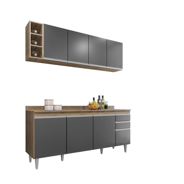 Kit Cozinha Balcão Ágatha E Aéreo Com Nicho 180cm C/ Tampo Fr