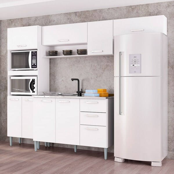 Kit Cozinha Compacta Com Balcão E Pia Inox Esmeralda Branco -