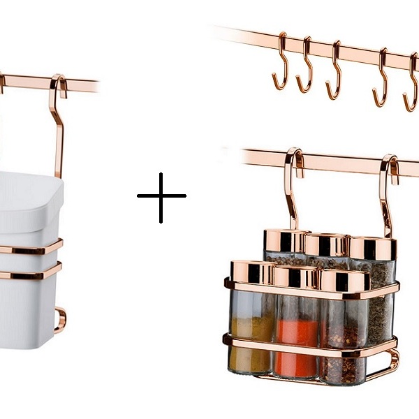 Kit Cozinha Rose Gold Com Barra 45cm Suporte E Porta Temperos