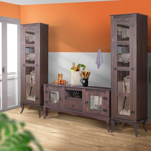 Kit Cozinha Rústica Madeira Maciça 3 Peças Portas Em Vidro Im