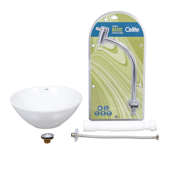 Kit Cuba De Apoio Branca + Torneira + Sifão + Flexível e Valvúla 13,5x35x35cm R1 Celite