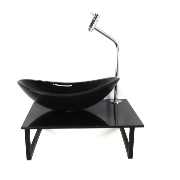 Kit Cuba De Vidro Oval 10mm Tampo 40cm Preto Full Com Suporte