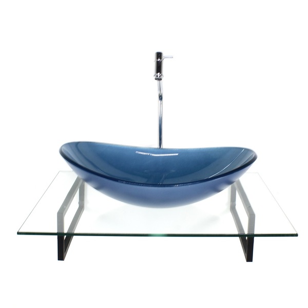 Kit Cuba De Vidro Oval Azul Com Tampo 60cm Incolor E Suporte