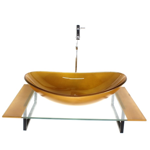 Kit Cuba De Vidro Oval Com Tampo 60cm Dourado Real E Suporte