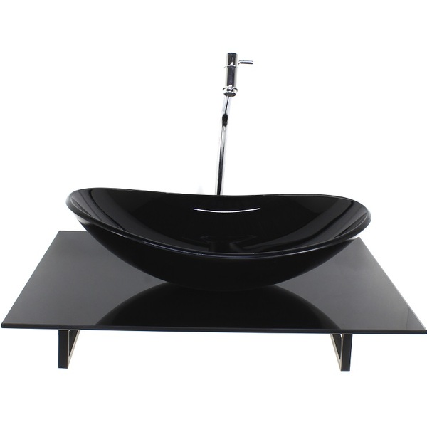 Kit Cuba De Vidro Oval Com Tampo 60cm Preto Full E Suporte Pr