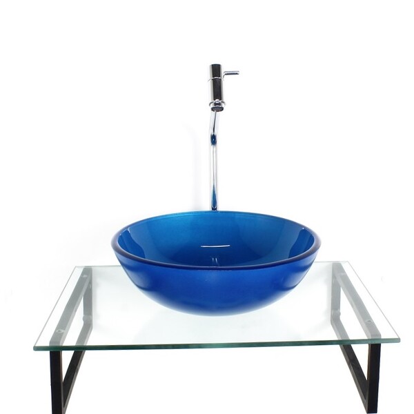 Kit Cuba De Vidro Redonda 10mm Azul Escuto Tampo 50cm Incolor