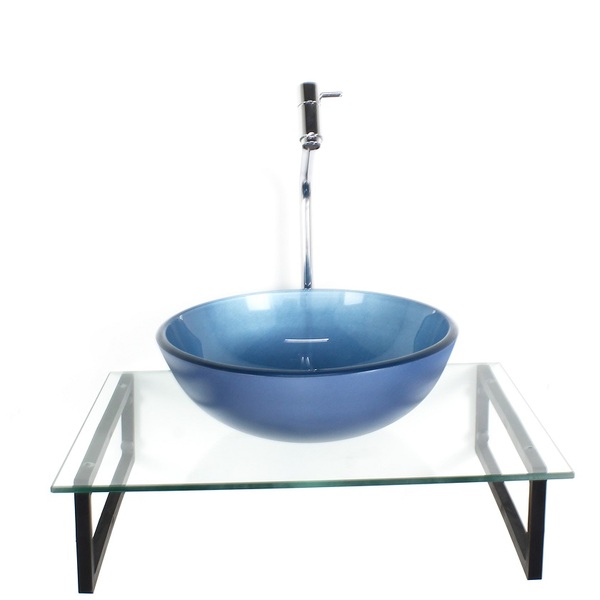 Kit Cuba De Vidro Redonda 10mm Azul Tampo 50cm Incolor Com Su