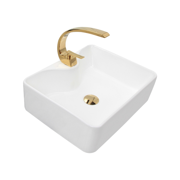 Kit Cuba Pia Louça Cerâmica Banheiro C/torn E Vál Dourada 27