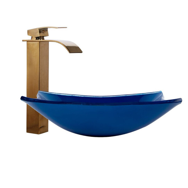 Kit Cuba Quadrada Azul + Torneira Cascata Metal Dourada + Vál