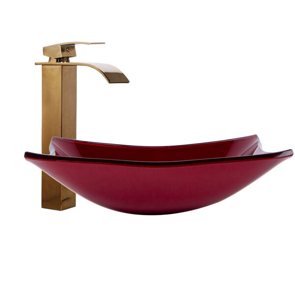 Kit Cuba Quadrada Vinho + Torneira Cascata Metal Dourada + Vá