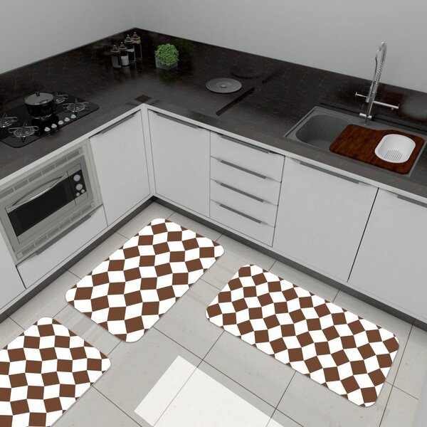 Kit De 3 Tapetes Para Cozinha Emborrachados Quadrados Marrom