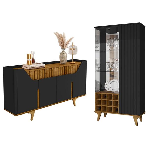 Kit De Aparador Danubio E Cristaleira Elba Pé Madeira Maciça