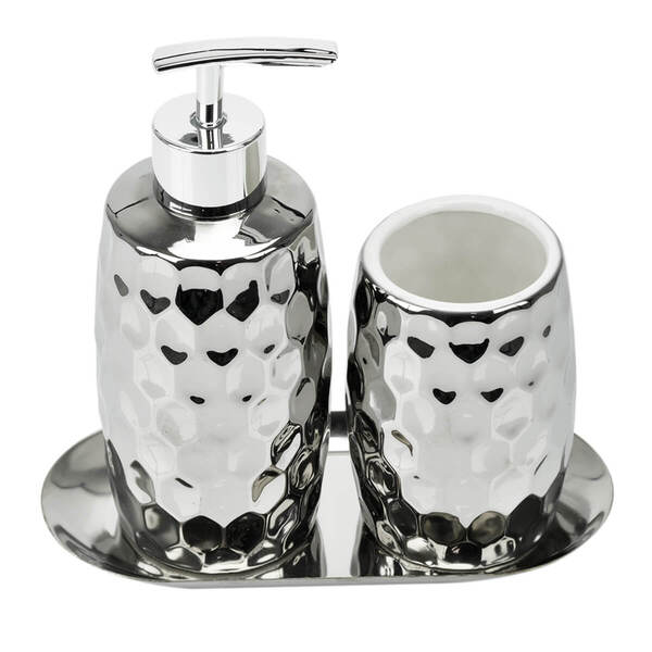 Kit De Banheiro Lavabo 3 Peças Estilo Martelado Prata 3871