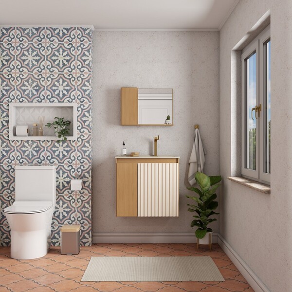 Kit De Banheiro Montado Em Madeira C/ Armário Espelho E Lavat