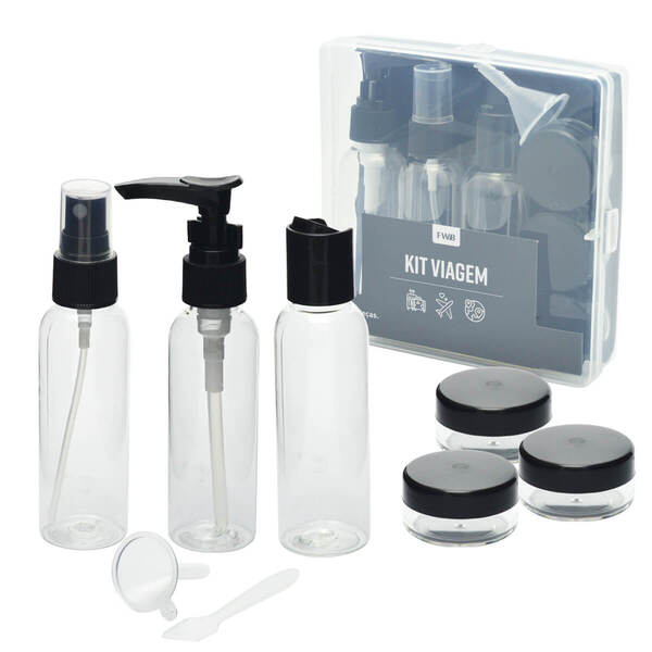 Kit De Frascos Organizador Para Viagem 9 Peças Com Case Preto
