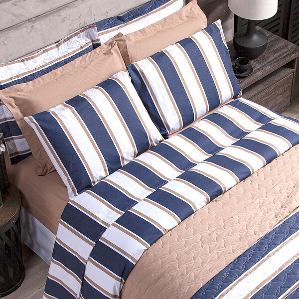 Kit De Lençol Tamanho Casal Padrão Listrado Azul3 Peças 100%