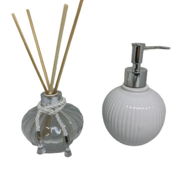 Kit De Porta Sabonete Líquido Branco E Prata E Difusor Transp