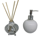 Kit De Porta Sabonete Líquido Branco E Prata E Difusor Transp