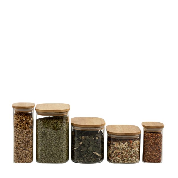 Kit De Pote Hermético De Vidro Quadrado Com Tampa De Bambu 5