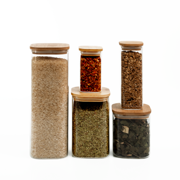 Kit De Pote Hermético De Vidro Quadrado Com Tampa De Bambu 5