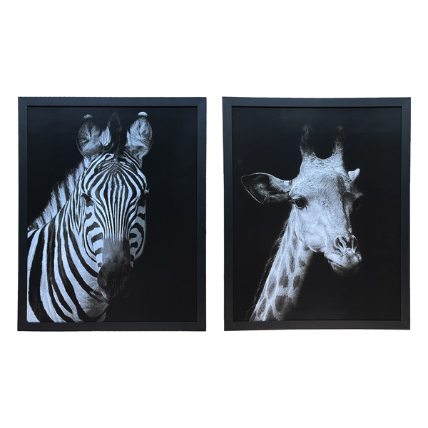 Kit de Quadros Decorativos Girafa e Zebra Basic Preto e Branco